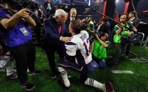 (l) New England Patriots coach Robert Kraft and Patriots QB Tom Brady with press post Super Bowl win 2017